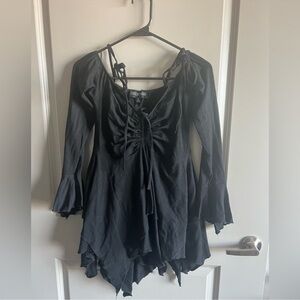 Free People Black Peasant Tunic with Ruched Tie Front